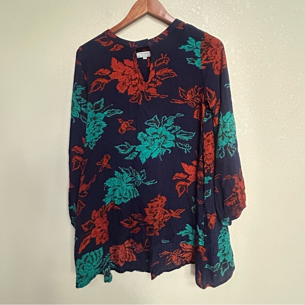 World Market Boho Floral Tunic Top S/M Navy Red Green Peasant Style Shirt Blouse